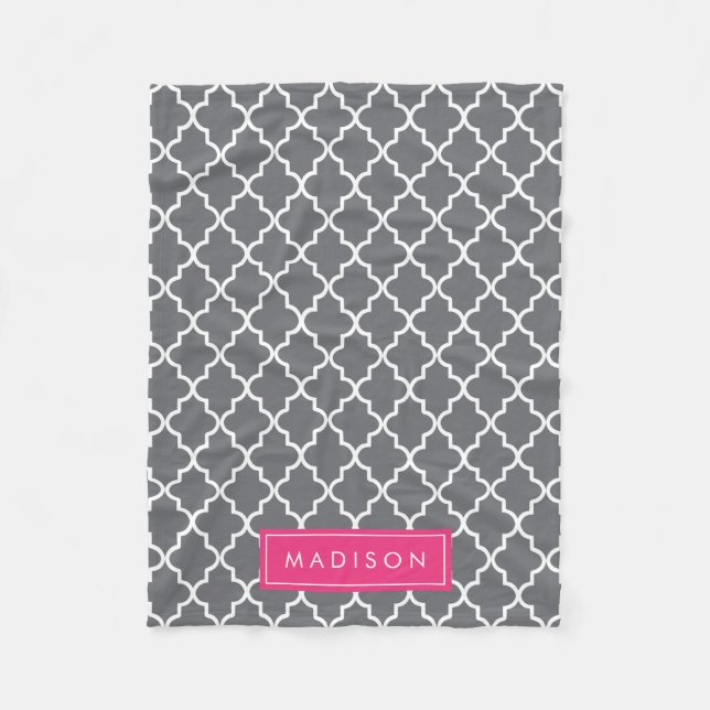 Personalised Dark Grey and Pink Quatrefoil Fleece Blanket (Front)
