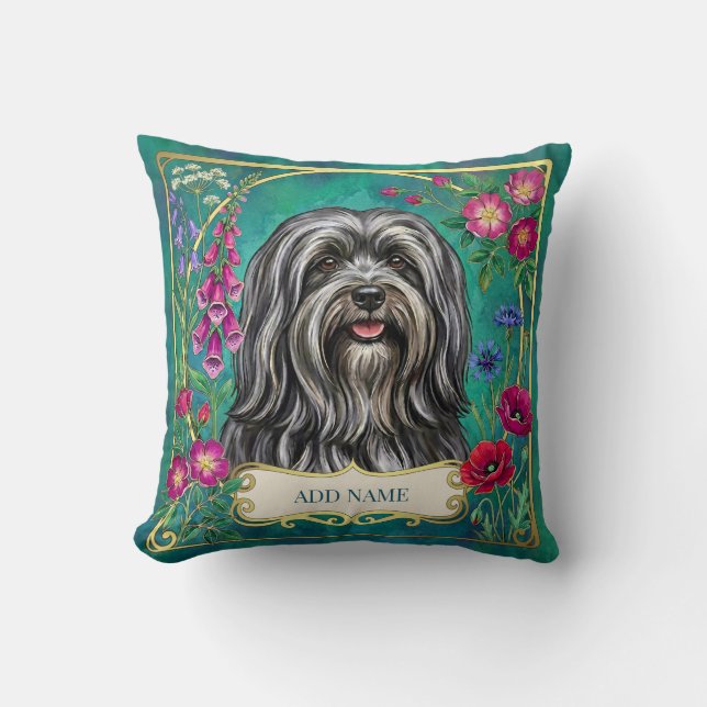 Personalised Dark Grey Lhasa Apso Floral Cushion (Front)