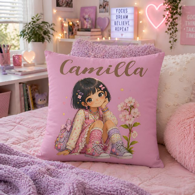 Personalised Dark Haired Girl Name Cushion (Creator Uploaded)