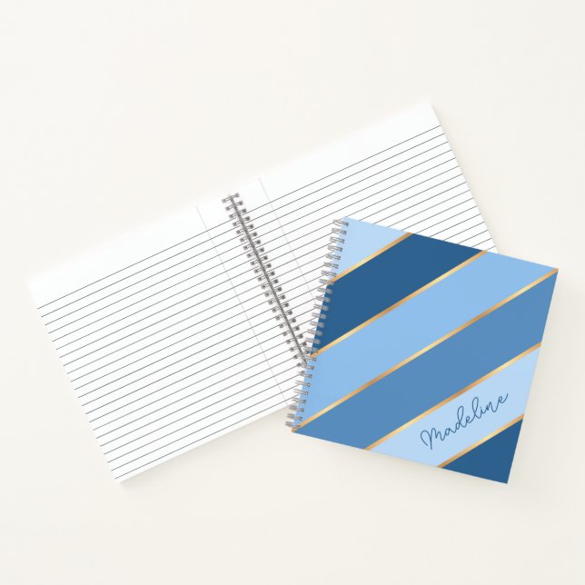 Personalised Dark Medium Light Blue Gold Stripe Notebook (Inside)