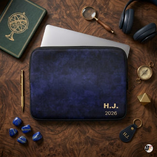 Personalised Dark Navy Blue Watercolor Monogram Laptop Sleeve