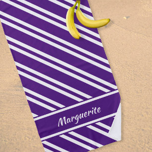 Personalised Dark Purple and White Stripes Beach Towel