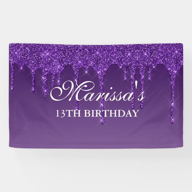 Personalised Dark Purple Dripping Glitter Birthday Banner (Horizontal)