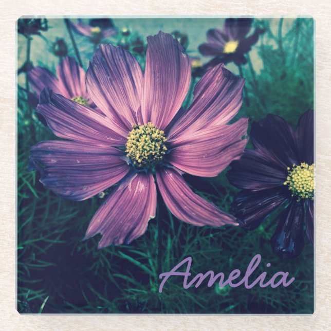 Personalised Dark Purple Flowers Glass Coaster (Front)