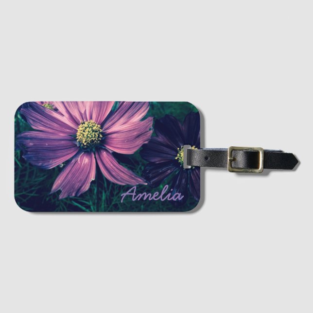 Personalised Dark Purple Flowers Luggage Tag (Front Horizontal)