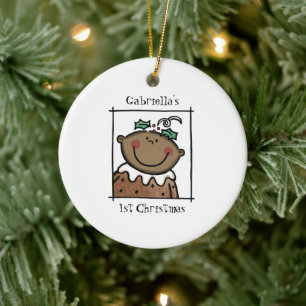 Personalised Dark Skin Tone Baby Face Baby's 1st Ceramic Tree Decoration