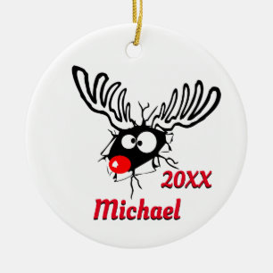 Personalised Dated Funny Reindeer Ceramic Tree Decoration