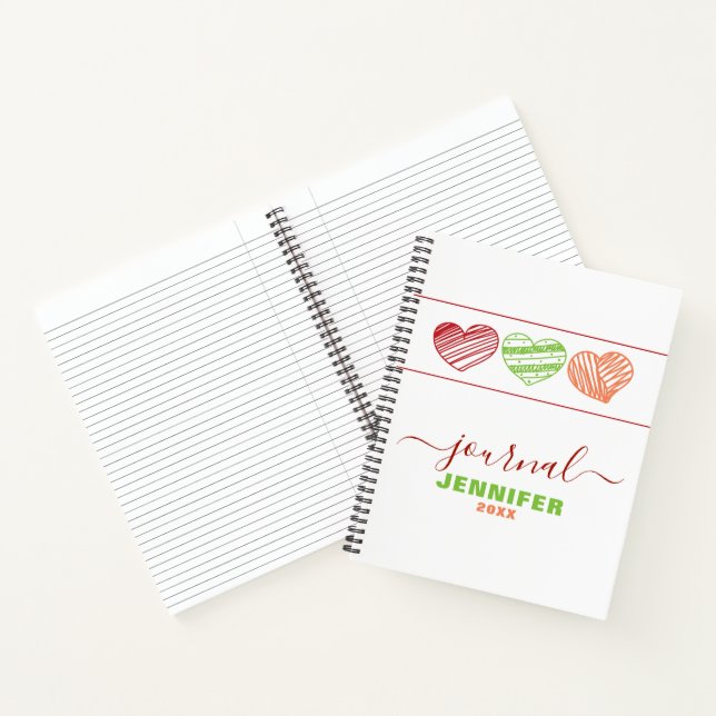 Personalised Dated Journal Red Green Orange Hearts (Inside)