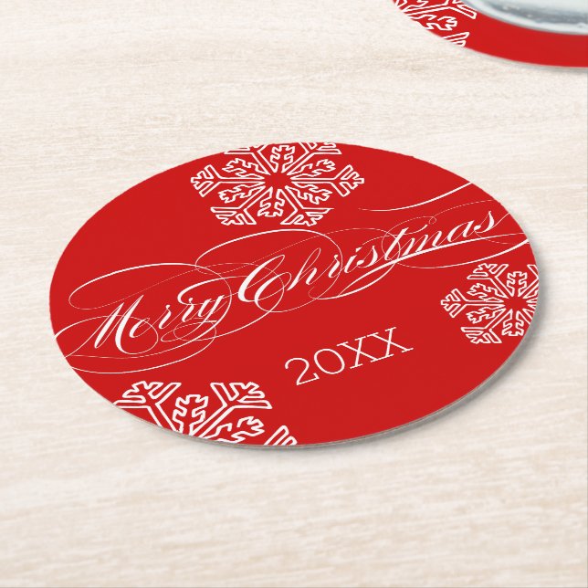 Personalised Dated Red Snowflake Merry Christmas Round Paper Coaster (Angled)
