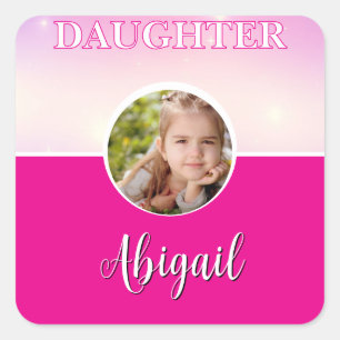 Personalised Daughter Photo and Name Hot Pink Square Sticker