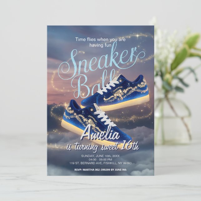 Personalised Dazzling Sneaker Ball Birthday Starry Invitation (Standing Front)