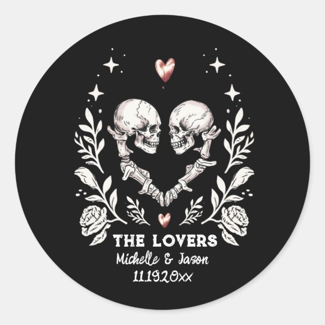 Personalised Death Lovers Gothic Skeleton Wedding Classic Round Sticker (Front)