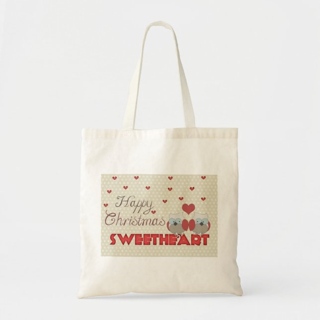 Personalised Decorative Happy Christmas Owls Heart Tote Bag (Front)