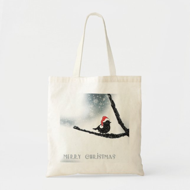 Personalised Decorative Merry Christmas Bird Santa Tote Bag (Front)