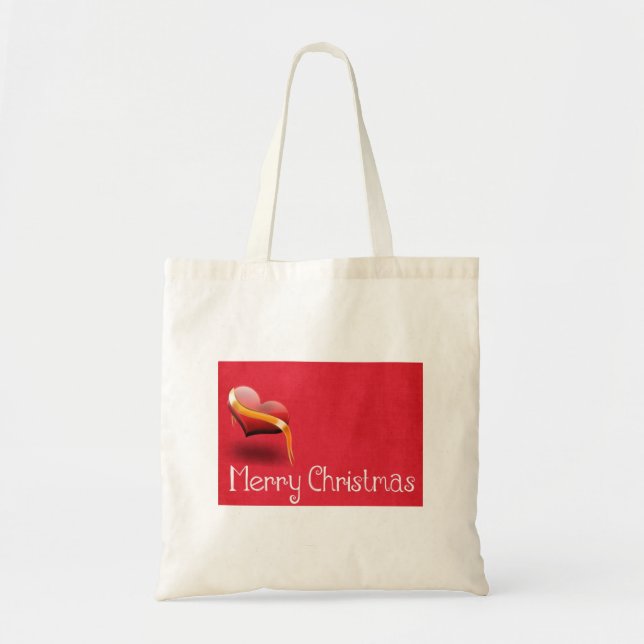 Personalised Decorative Merry Christmas Red Heart Tote Bag (Front)