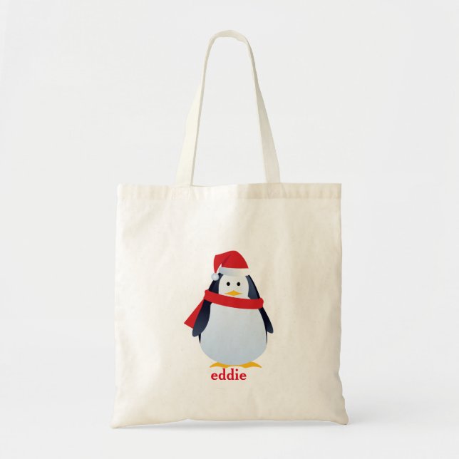 Personalised Decorative Penguin Santa Christmas Tote Bag (Front)