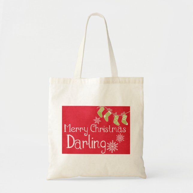 Personalised Decorative Red Merry Christmas Socks Tote Bag (Front)