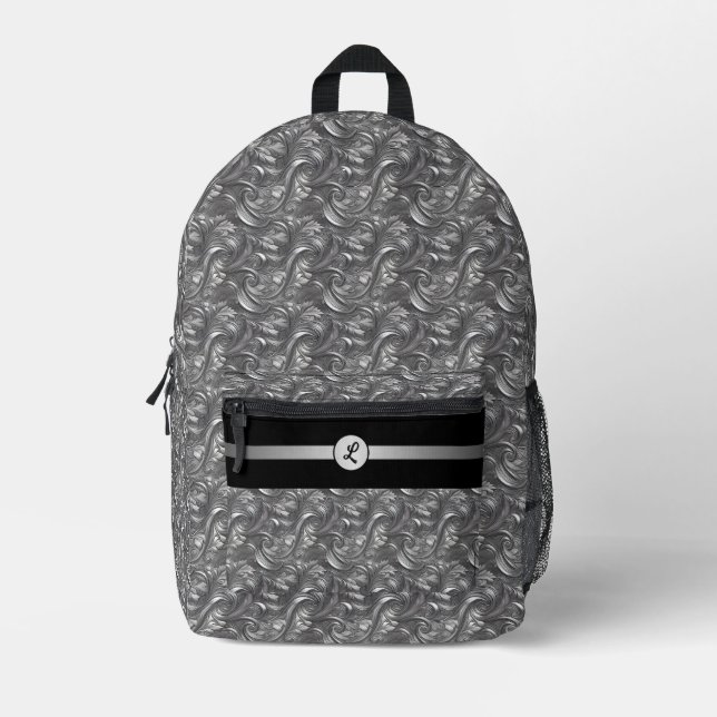 Personalised Decorative Silver Grey & Black  Printed Backpack (Front)