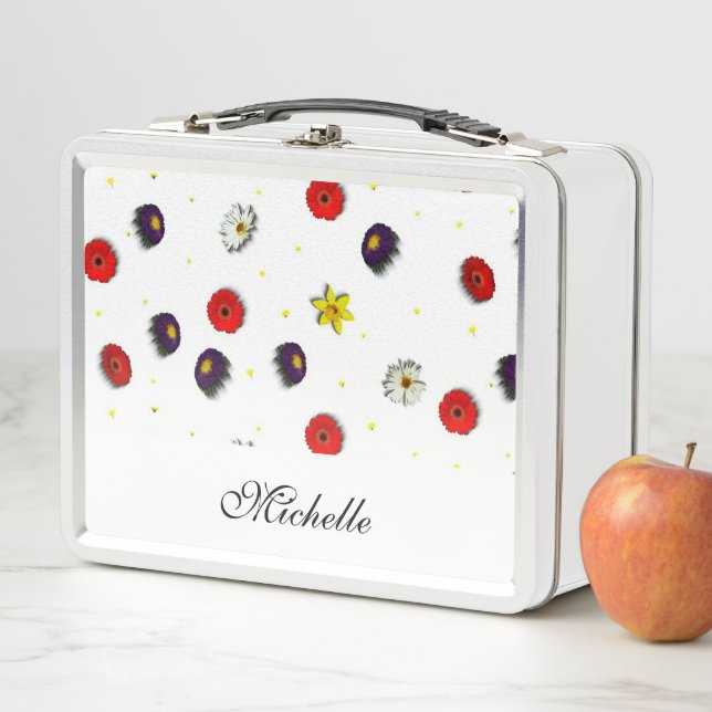 Personalised decorative spring flowers white metal lunch box (In Situ)