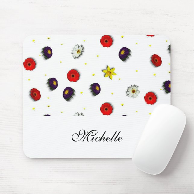 Personalised decorative spring flowers white mouse mat (With Mouse)