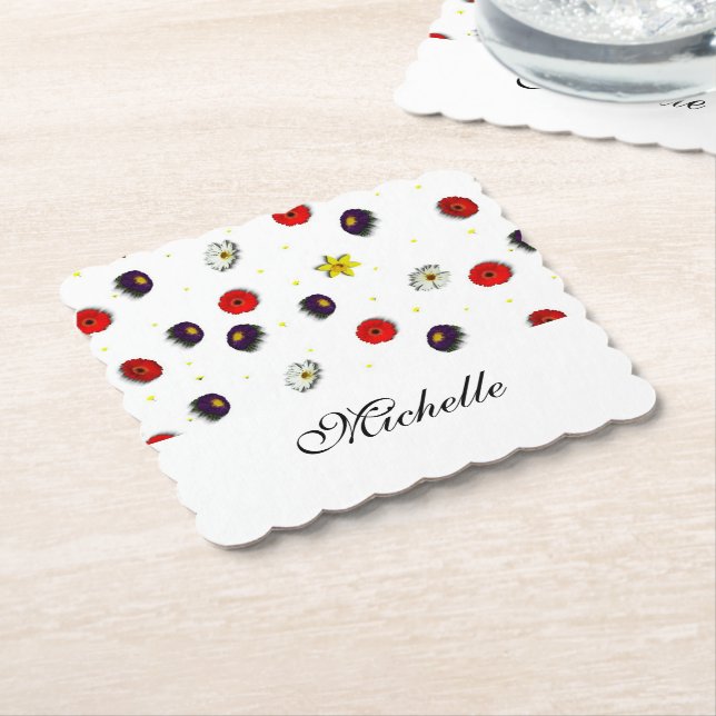 Personalised decorative spring flowers white paper coaster (Angled)