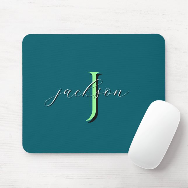Personalised Deep Teal Monogram Initial and Name Mouse Mat (With Mouse)