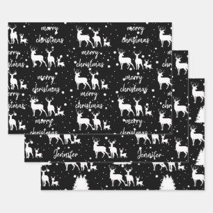 Personalised Deer & Star Pattern Christmas Black Wrapping Paper Sheet