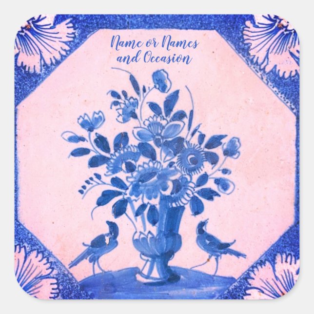 Personalised Delft floral Birds  Square Sticker (Front)