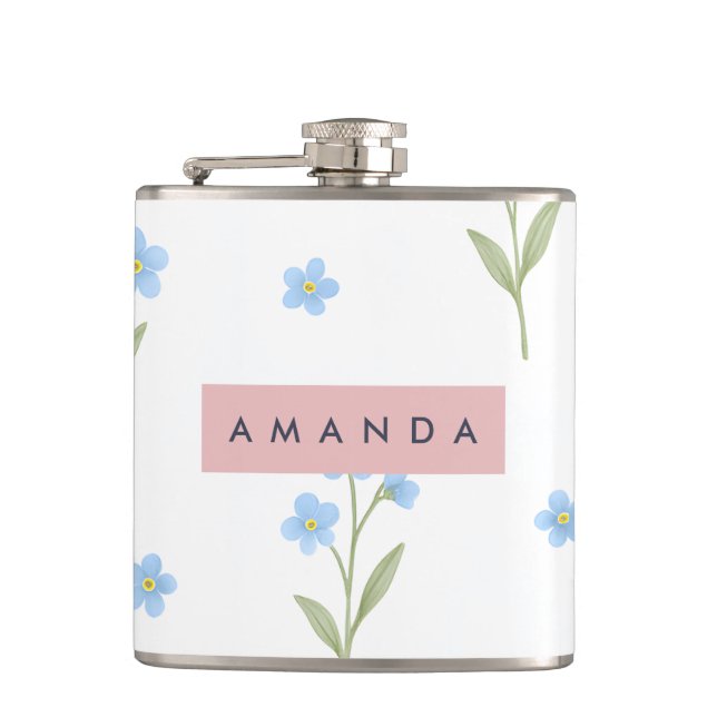 Personalised Delicate Blue Wildflower Pattern  Hip Flask (Front)