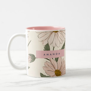 Personalised Delicate Pink Daisy Illustration Two-Tone Coffee Mug