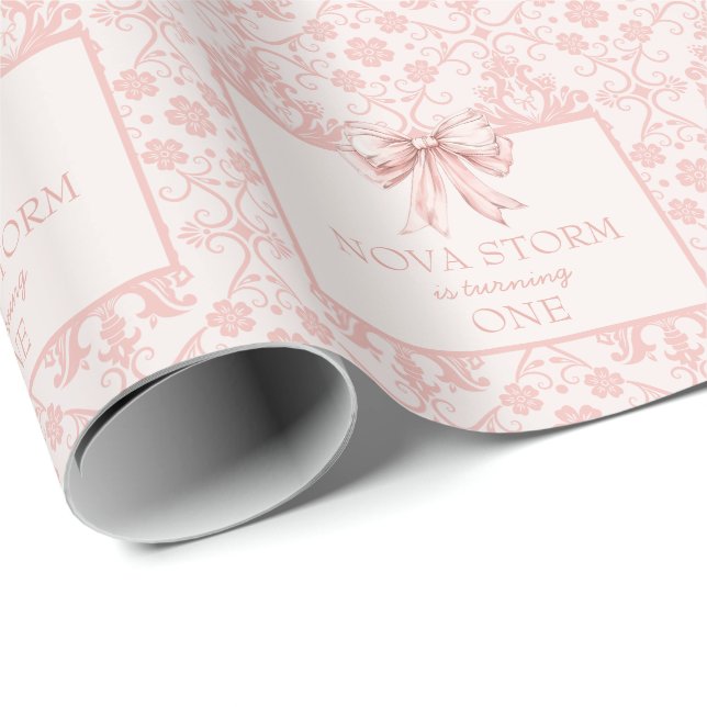 Personalised Demask Blush Pink Coquette Milestone Wrapping Paper (Roll Corner)