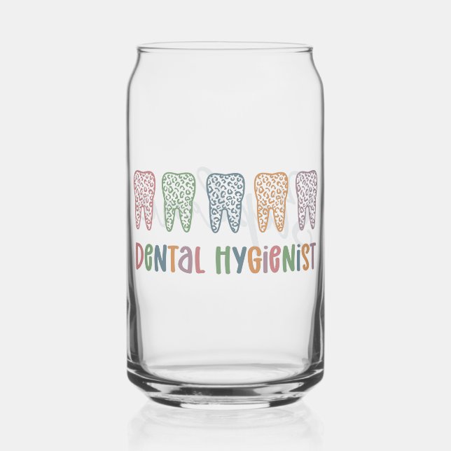 Personalised Dental Hygienist Leopard Print teeth Can Glass (Front)