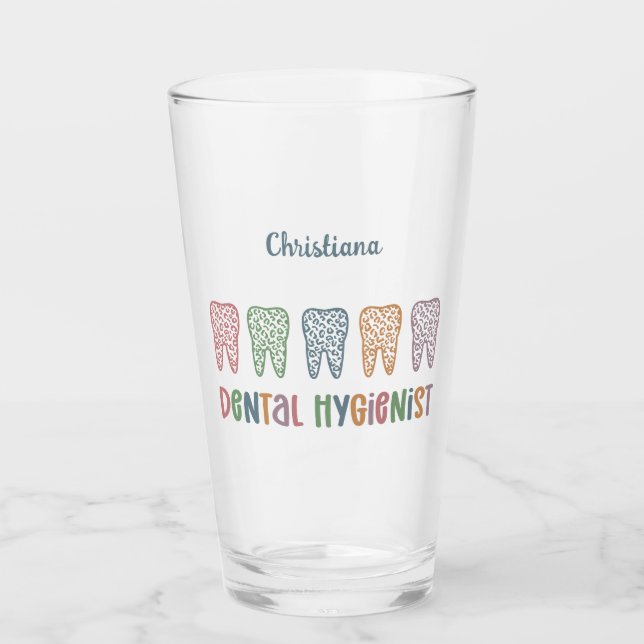 Personalised Dental Hygienist Leopard Print teeth Glass (Front)