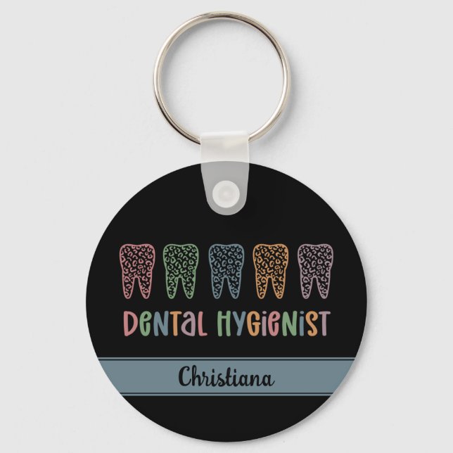 Personalised Dental Hygienist Leopard Print teeth Key Ring (Front)