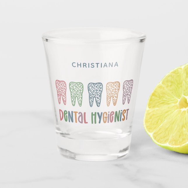 Personalised Dental Hygienist Leopard Print teeth Shot Glass (Front)