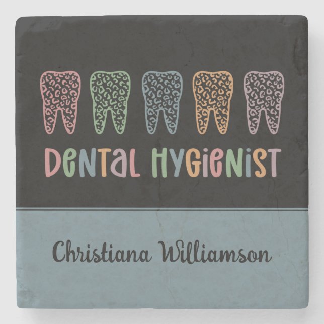 Personalised Dental Hygienist Leopard Print teeth Stone Coaster (Front)