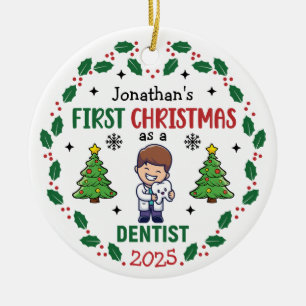 Personalised Dentist First Christmas Tree Round Ceramic Tree Decoration