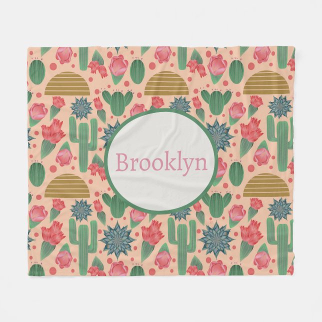 Personalised Desert Blush Pink Floral Fleece Blanket (Front (Horizontal))