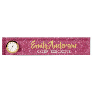 Personalised Desk NAME Plate PINK GLITTER GOLD