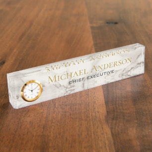 Personalised Desk NAME Plate White GREY MARBLE