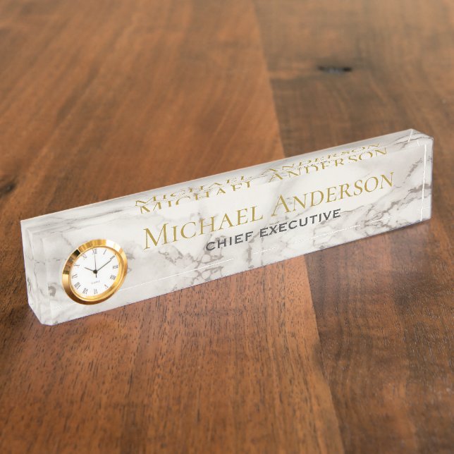 Personalised Desk NAME Plate White GREY MARBLE (Side)