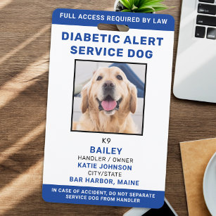 Personalised Diabetic Alert Service Dog Photo ID ID Badge