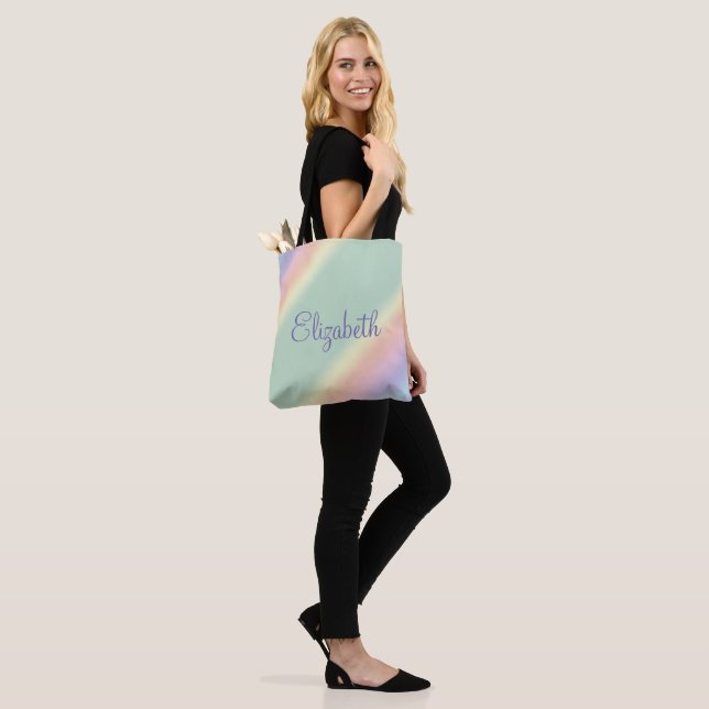 Personalised Diagonal Pastel Rainbow Water Wash Tote Bag (On Model)