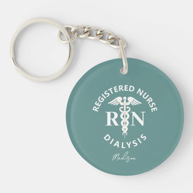 Personalised Dialysis Nurse Teal White Caduceus Key Ring (Front)