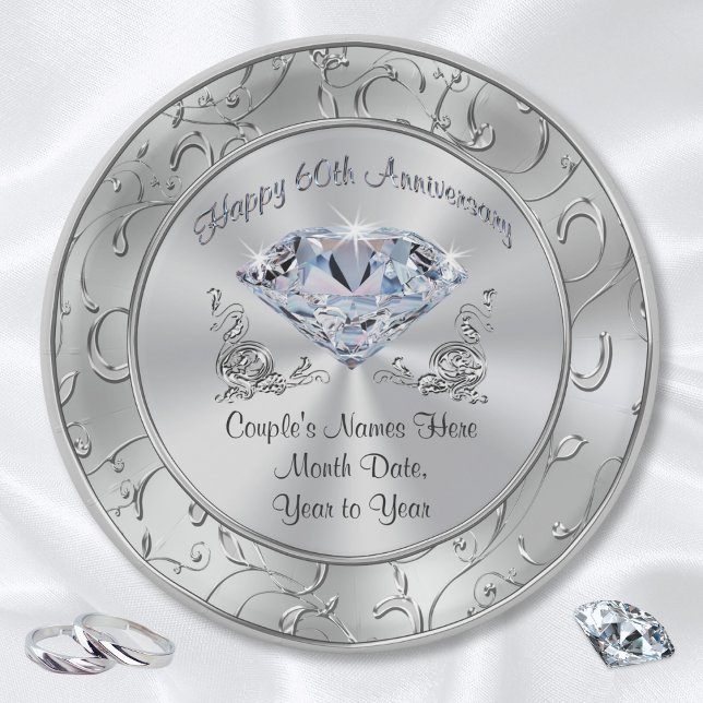 Personalised Diamond 60th Anniversary Paper Plates (60th wedding anniversary plates and napkins. Diamond anniversary party supplies. 60 years marriage.)
