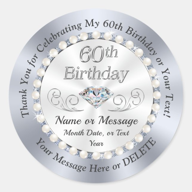 Personalised Diamond, 60th Birthday Stickers (Front)
