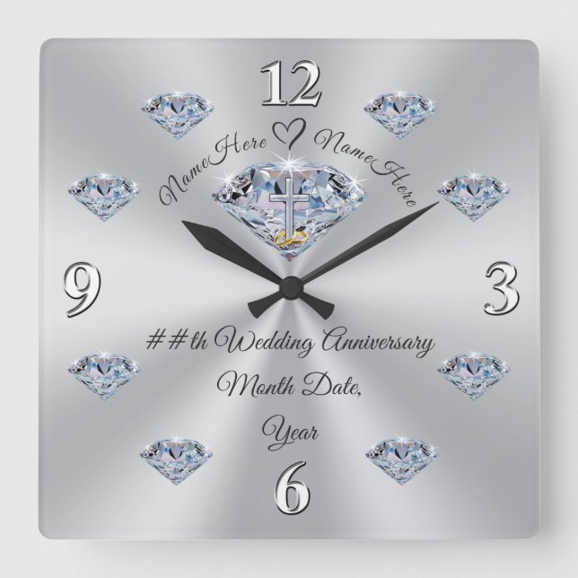 Personalised Diamond Anniversary Clock, CHRISTIAN Square Wall Clock (Front)