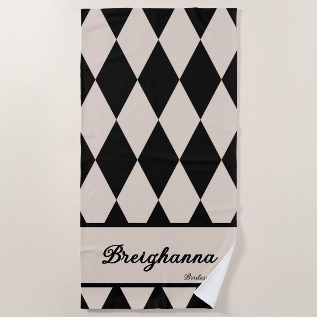 Personalised Diamond Chequered Black + Beige  Beach Towel (Front)