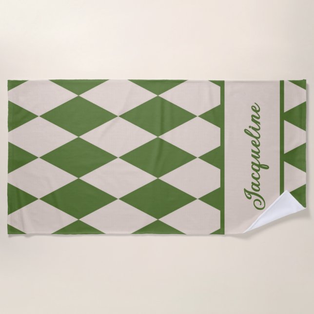 Personalised Diamond Chequered Green + Beige  Beach Towel (Front)