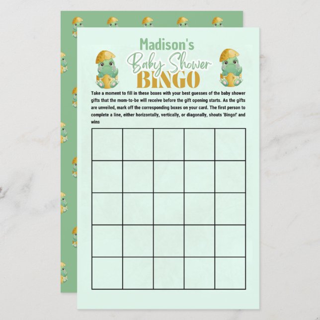 Personalised Dino Bingo Baby Shower Game (Front/Back)